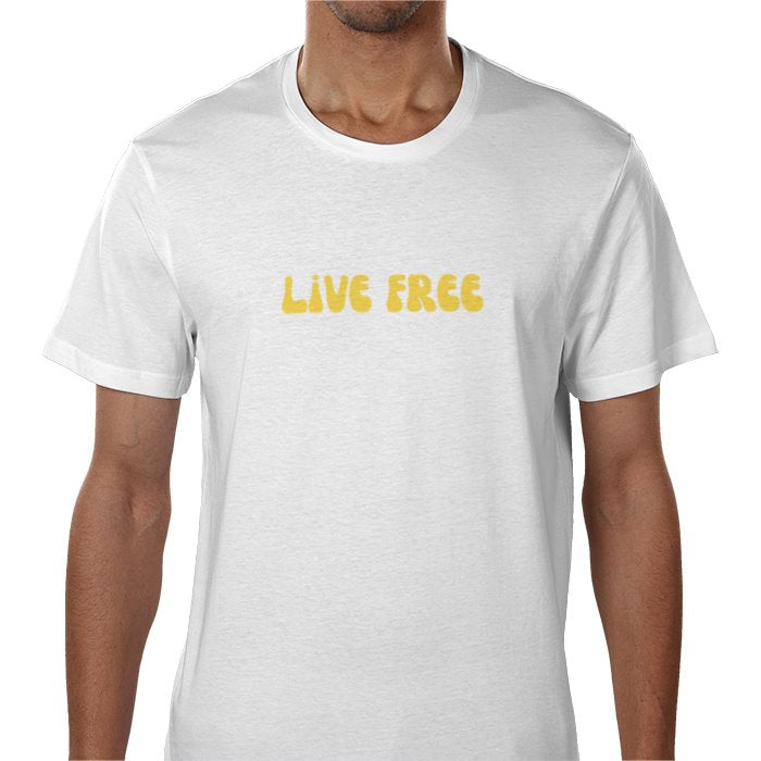White t-shirt with 'Live Free' text on a plain background