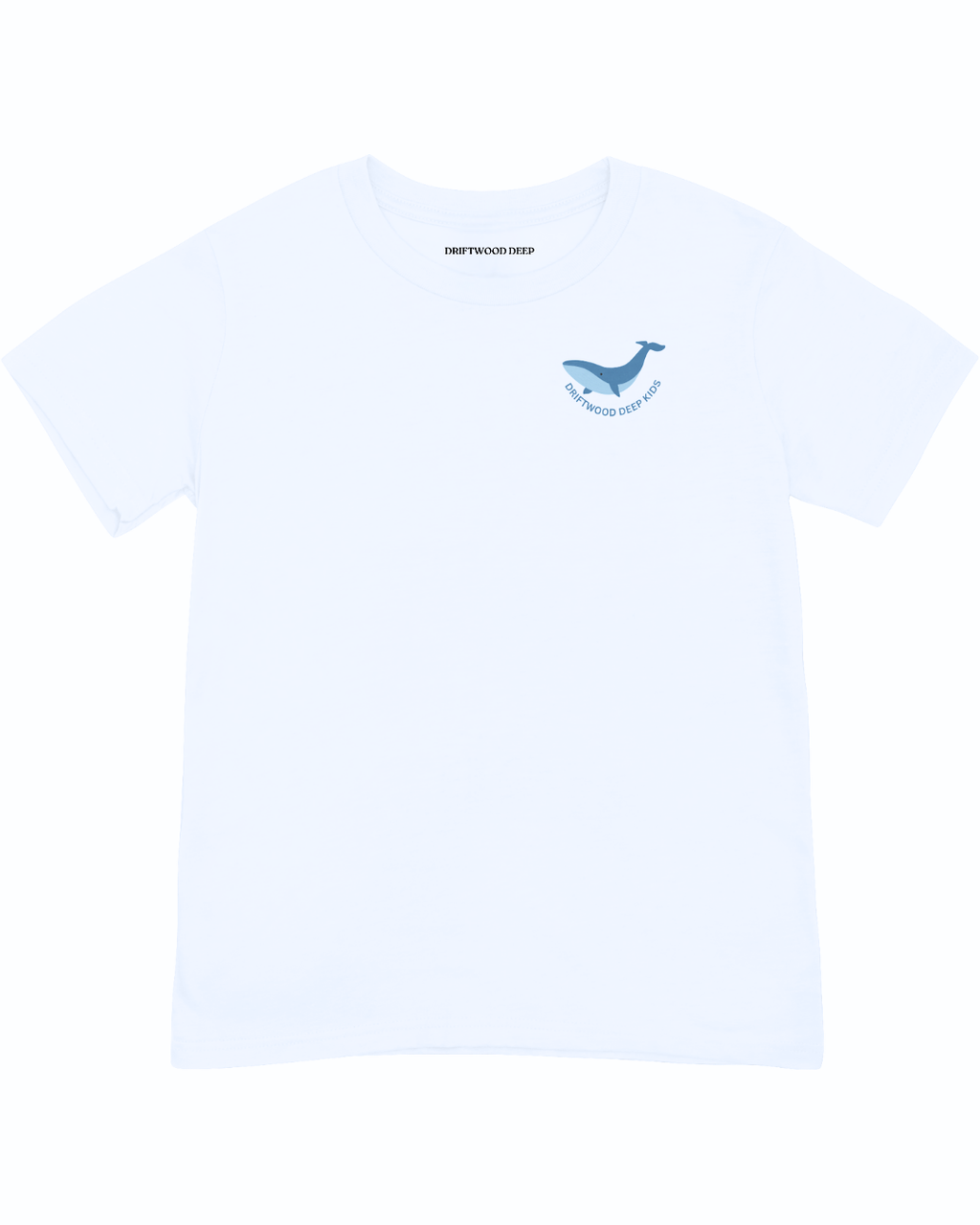 White t-shirt with a blue logo on a white background
