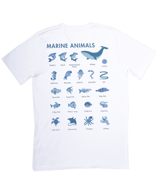 White t-shirt with blue marine animal illustrations and labels on a white background