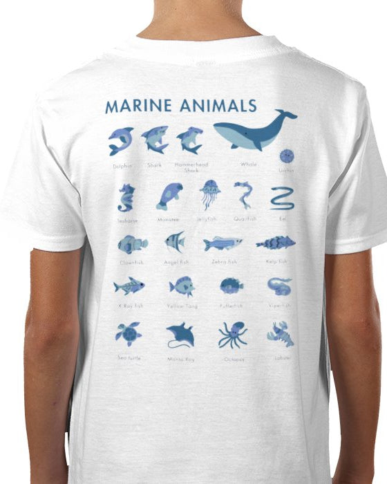 White t-shirt with blue marine animal illustrations on the back
