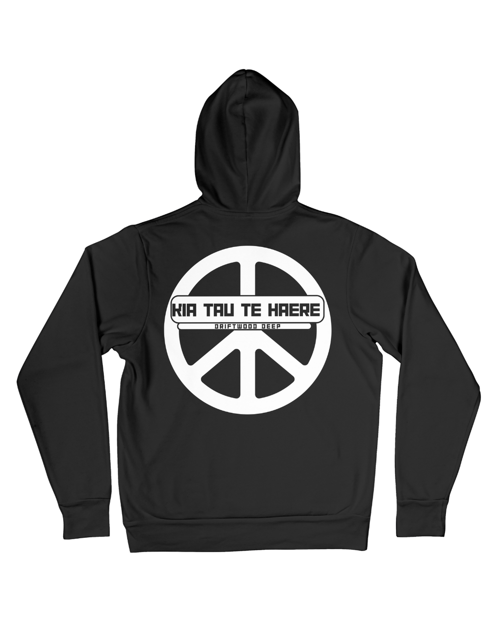 Black hoodie with a peace symbol design on the back against a white background