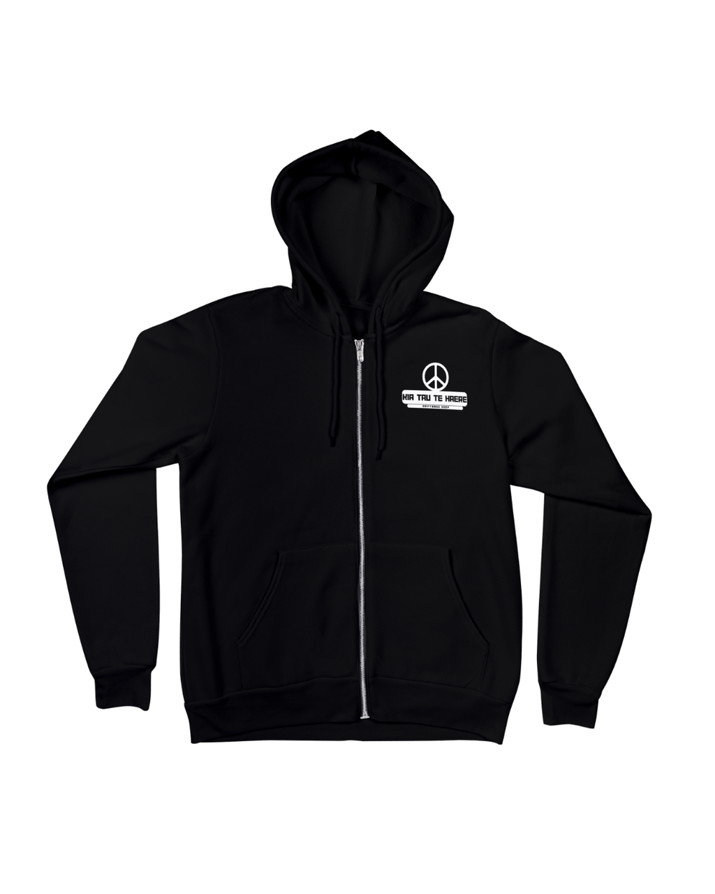 Black hoodie with a white logo on a white background