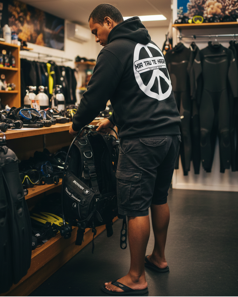 Man in a store holding a backpack with a peace symbol design on a black hoodie.