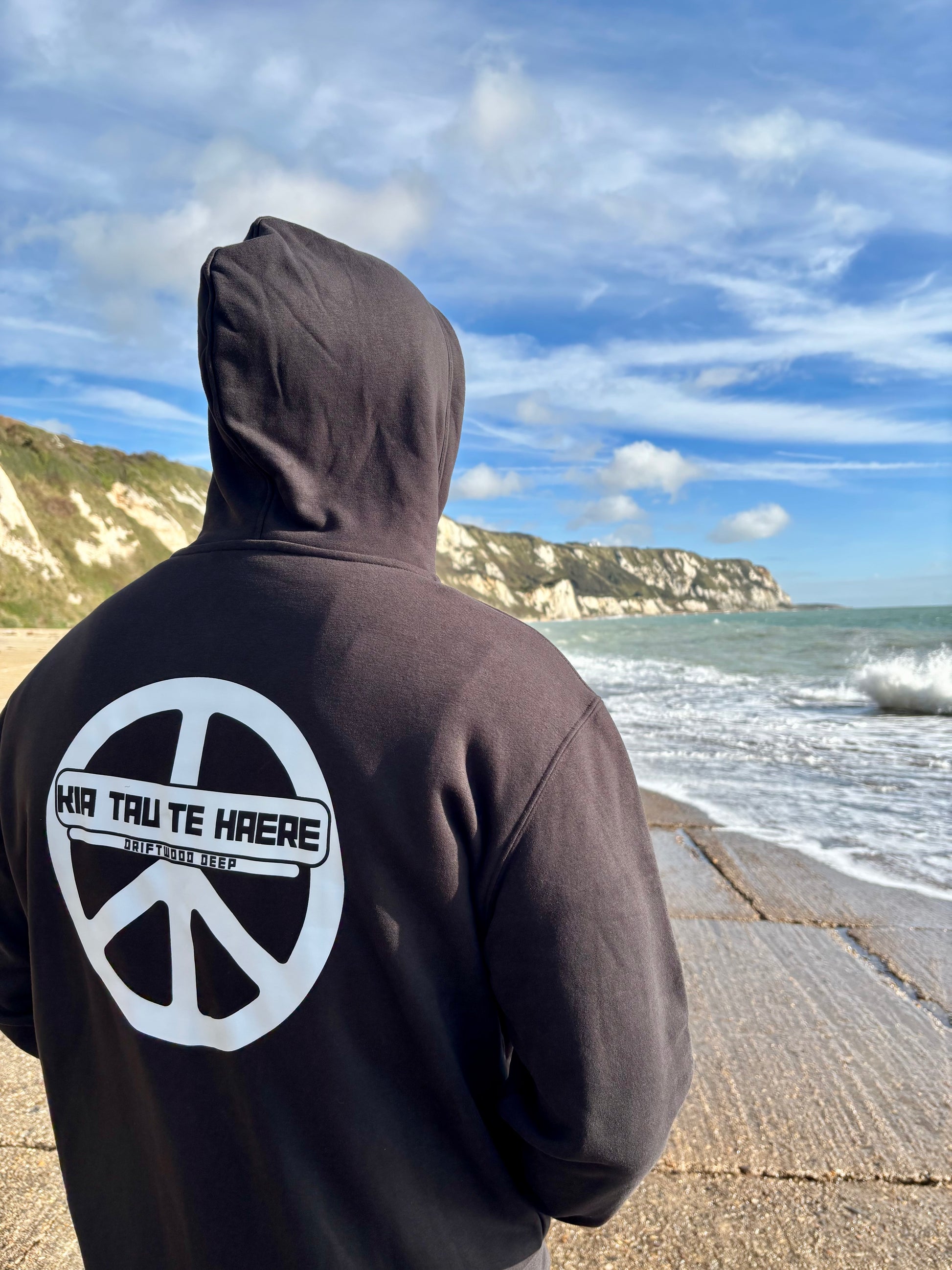 Person wearing a black hoodie with a peace symbol and text on the back, standing on a beach.