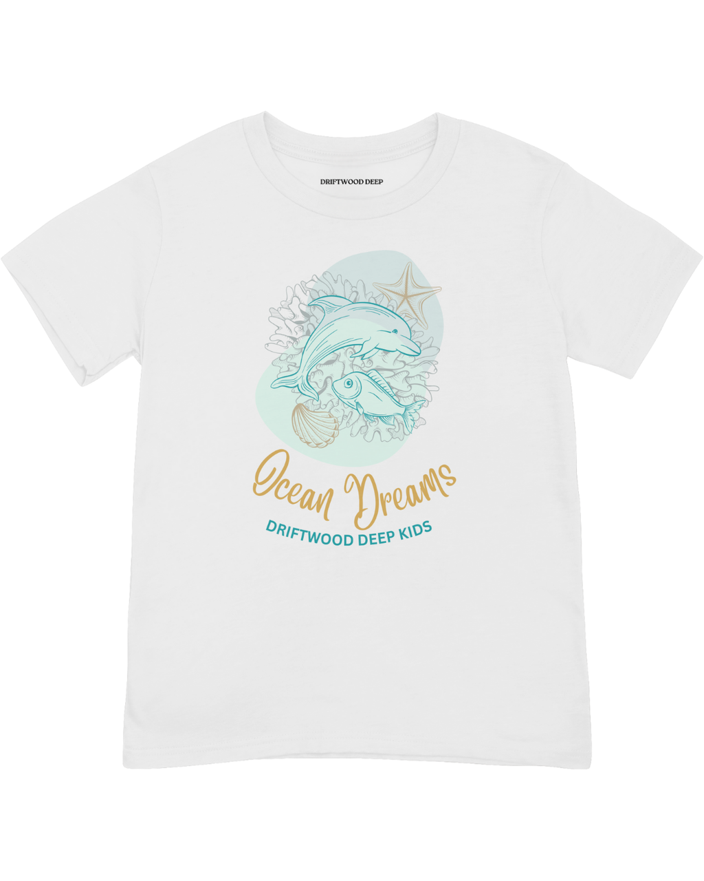 White t-shirt with ocean-themed design and 'Ocean Dreams' text on a white background