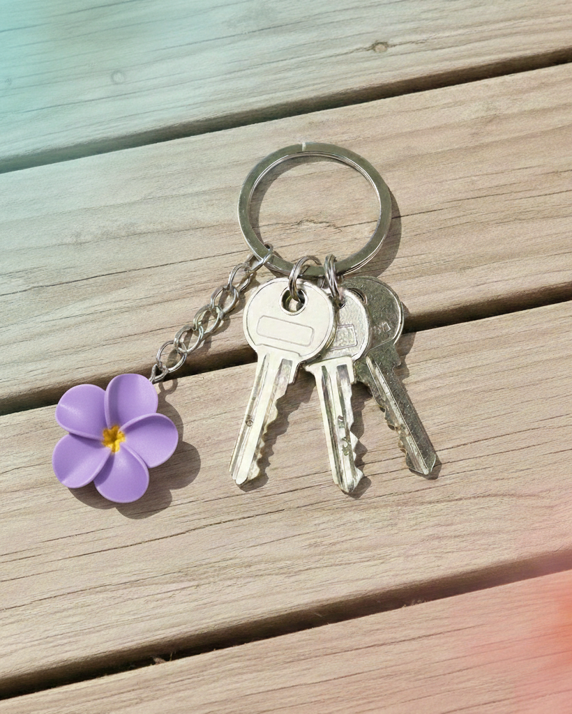 Keychain with keys and a purple flower charm on a wooden surface