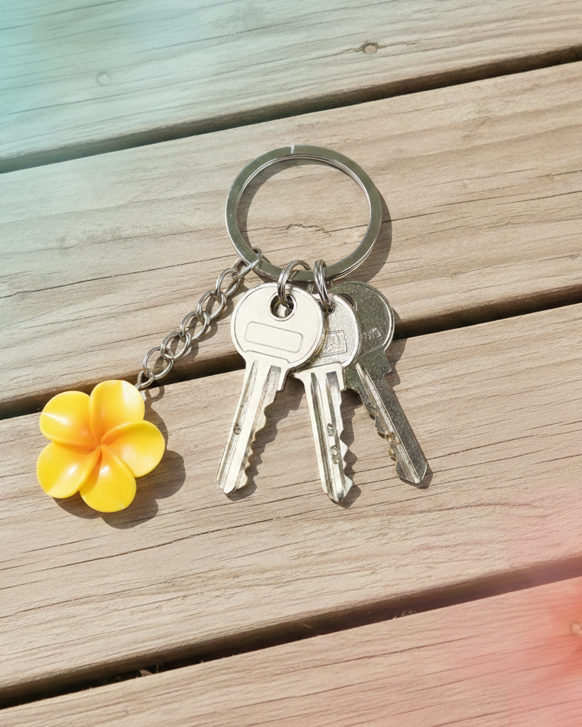 Keychain with keys and a yellow flower charm on a wooden surface
