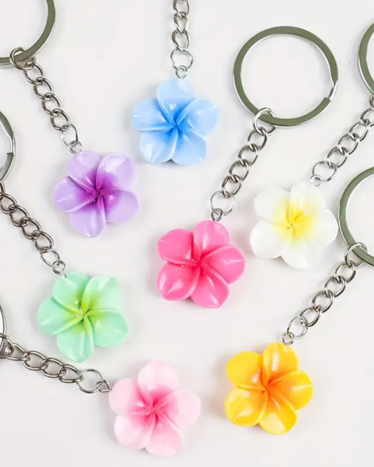 Keychains with colourful flower charms on a white background