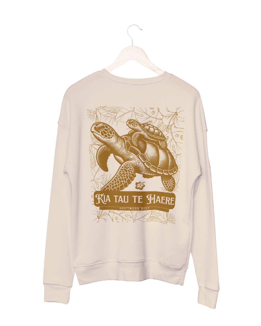 Beige sweatshirt with turtle design and text on a white background