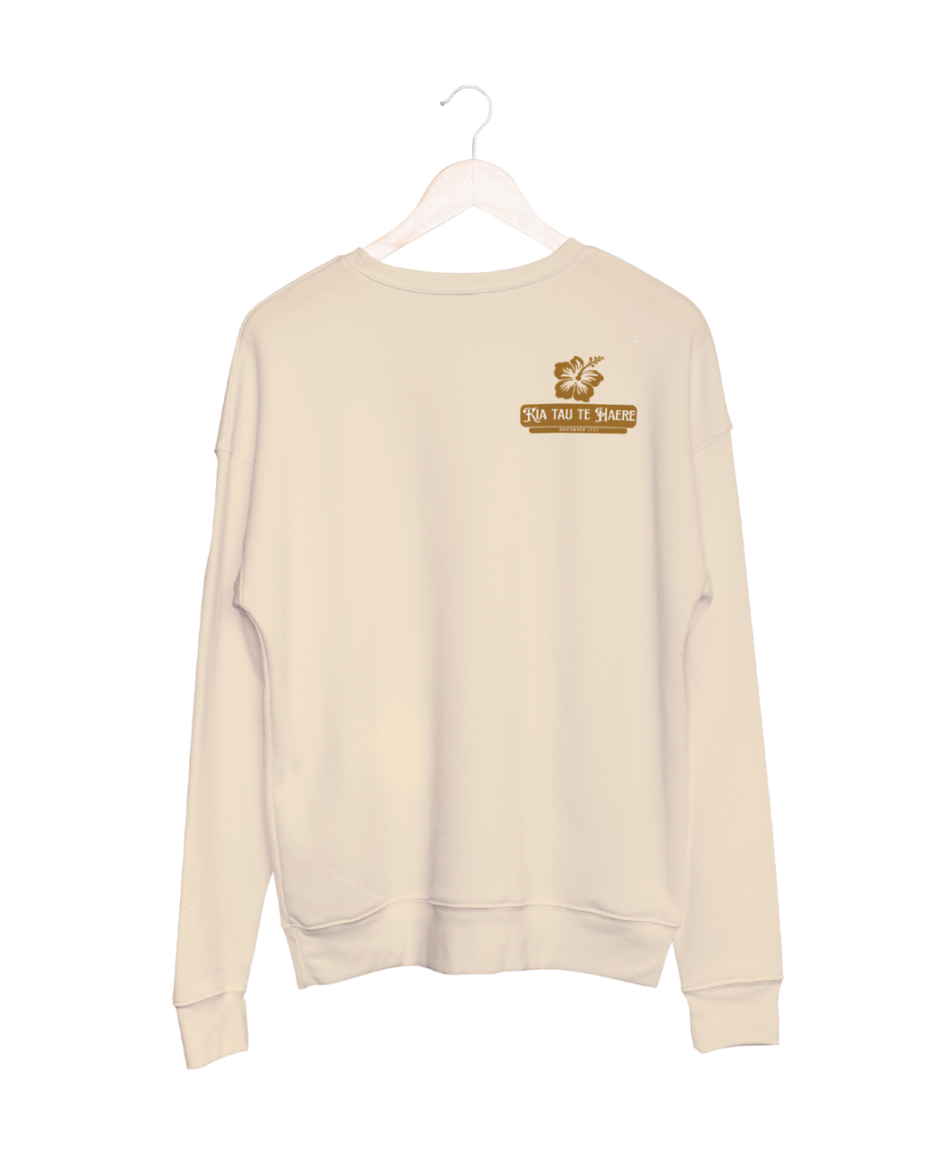 Beige sweatshirt with a logo on a white background