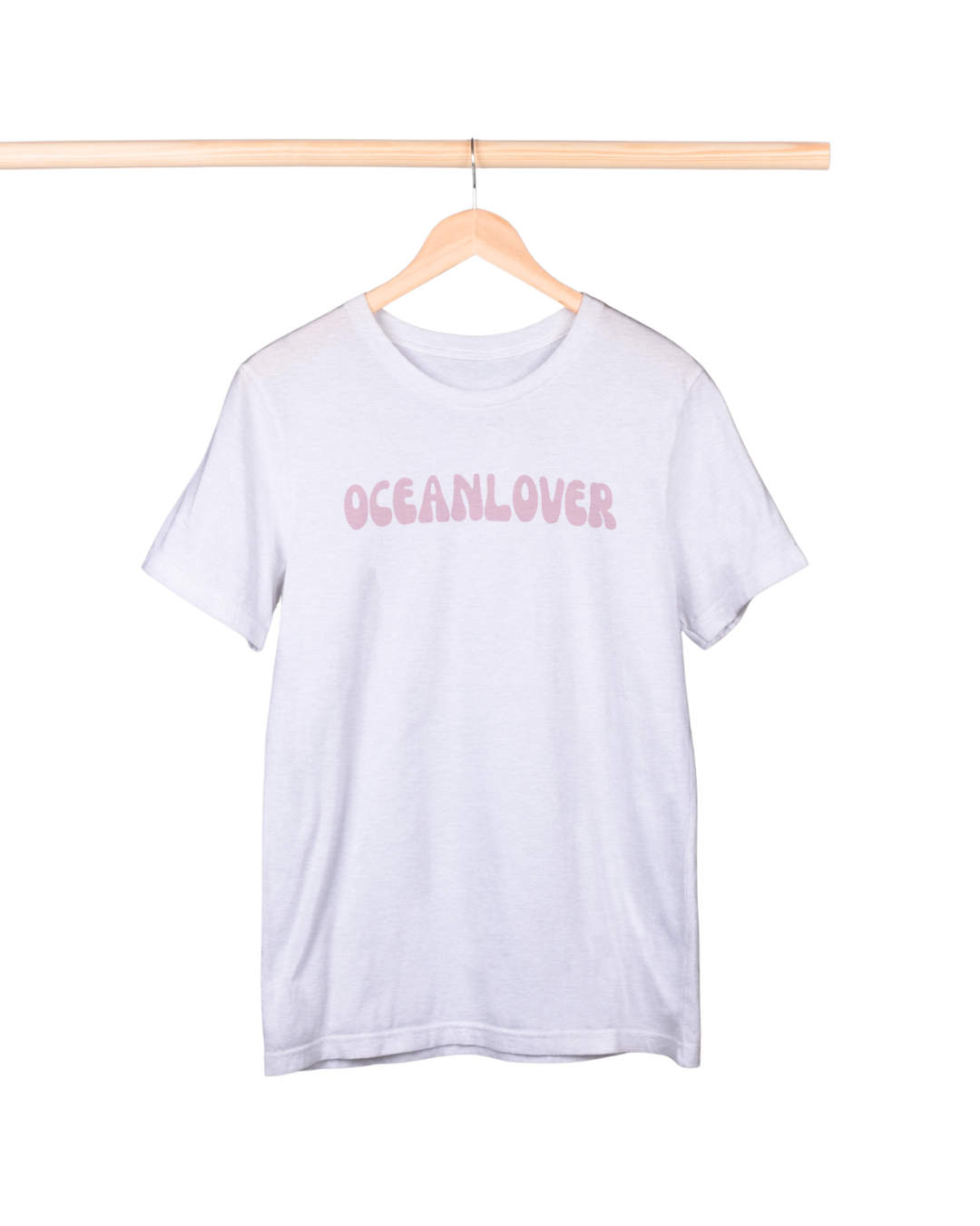 White t-shirt with 'OCEANLOVER' text on a hanger against a white background