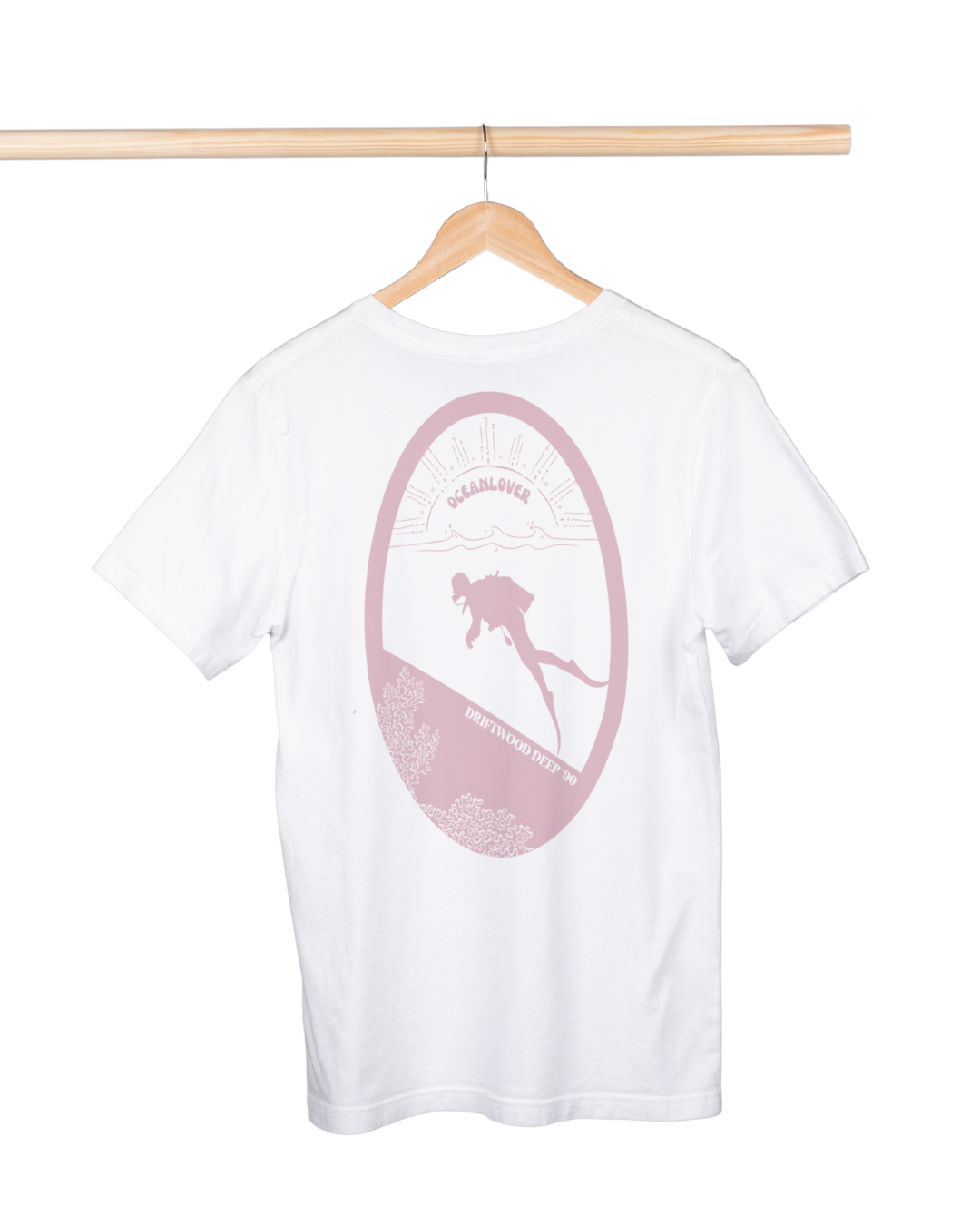 White t-shirt with pink graphic on a hanger against a white background