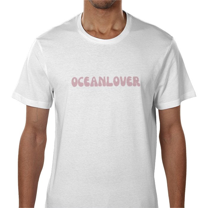 White t-shirt with 'OCEANLOVER' text on a plain background