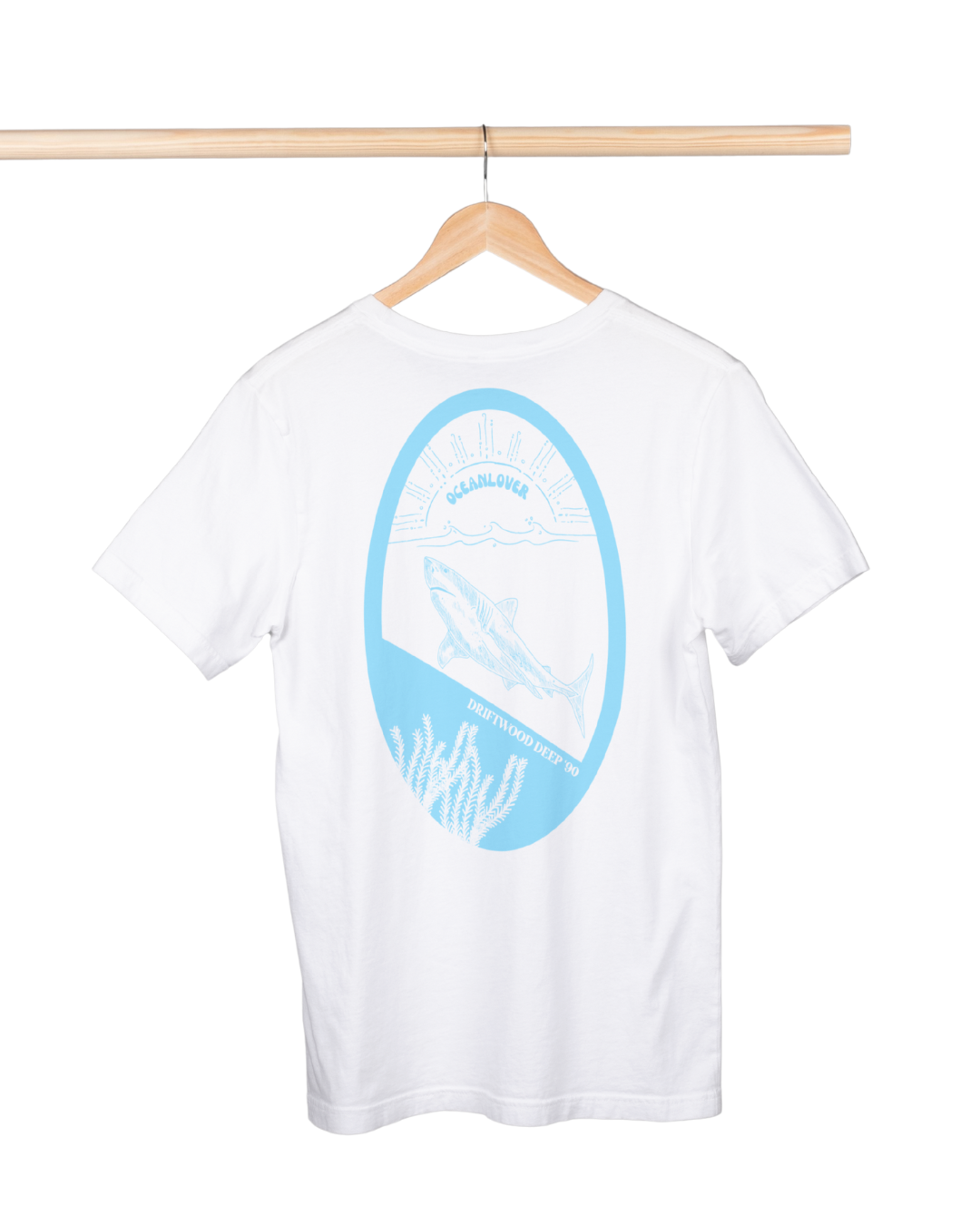 White t-shirt with blue graphic on a hanger against a white background