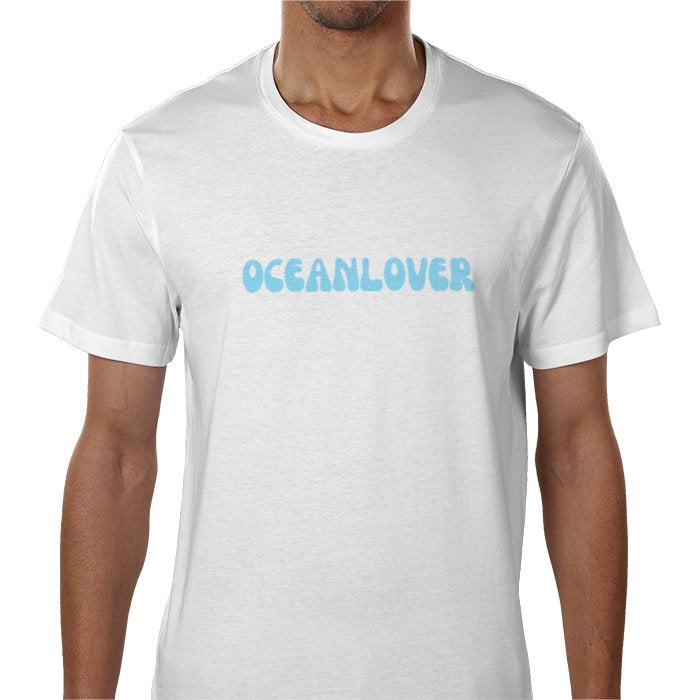 White t-shirt with blue 'OCEANLOVER' text on a plain background.