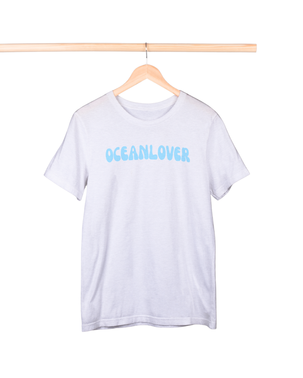 White t-shirt with 'OCEANLOVER' text on a hanger against a white background