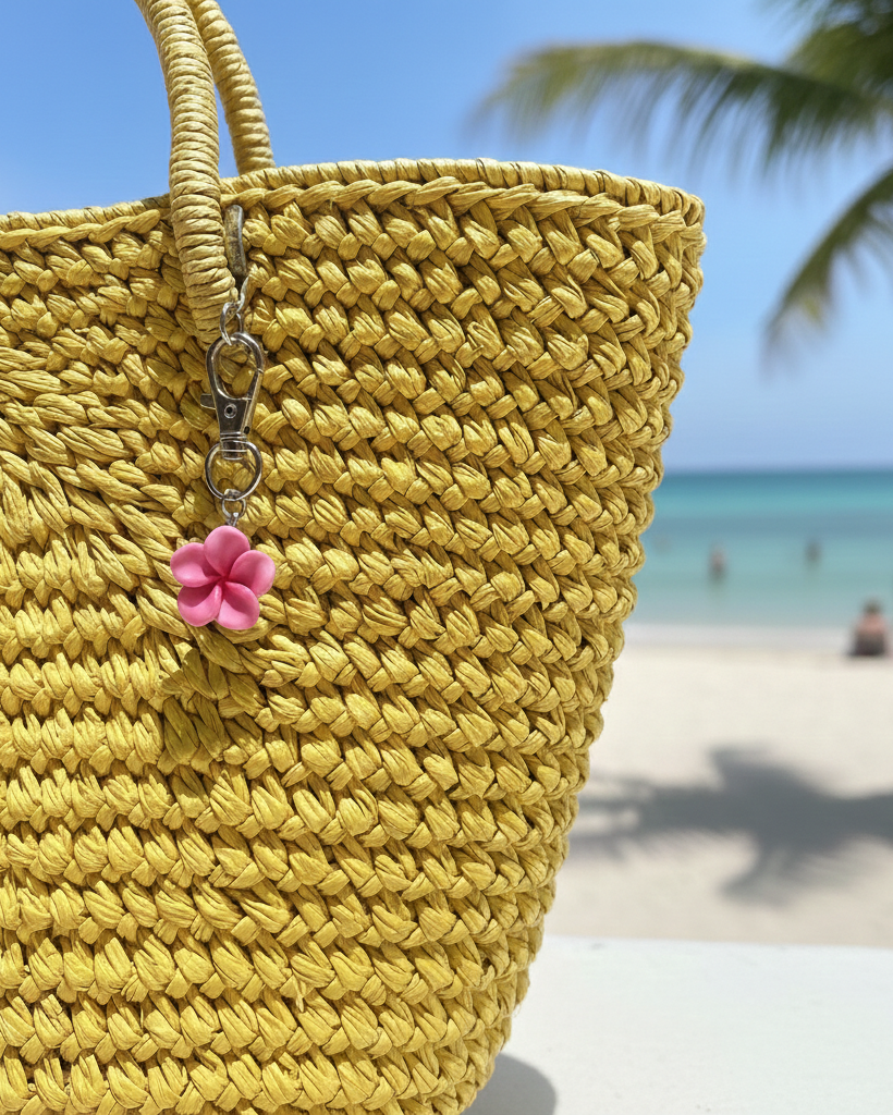 Yellow woven bag with a pink flower keychain on a beach background
