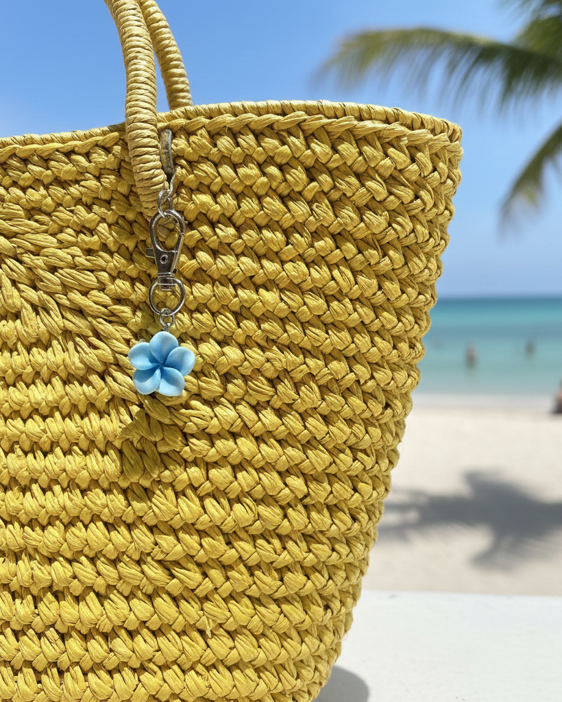 Yellow woven bag with a blue flower charm on a beach background
