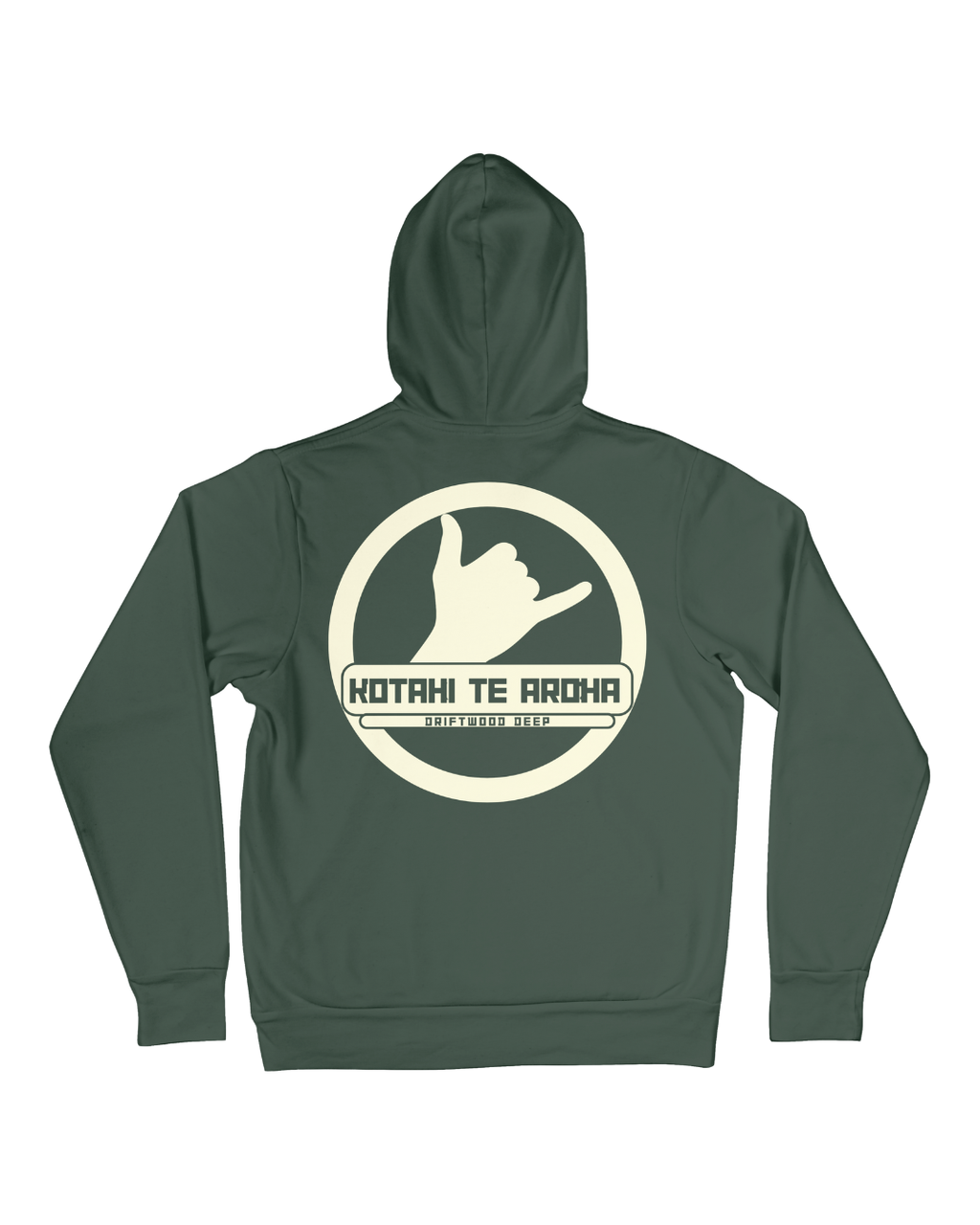 Green hoodie with a white logo and text on the back against a white background