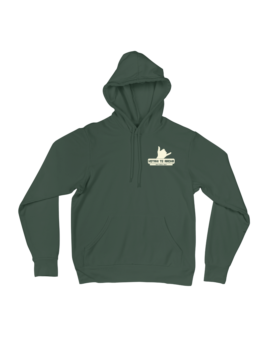 Green hoodie with a logo on the chest against a white background