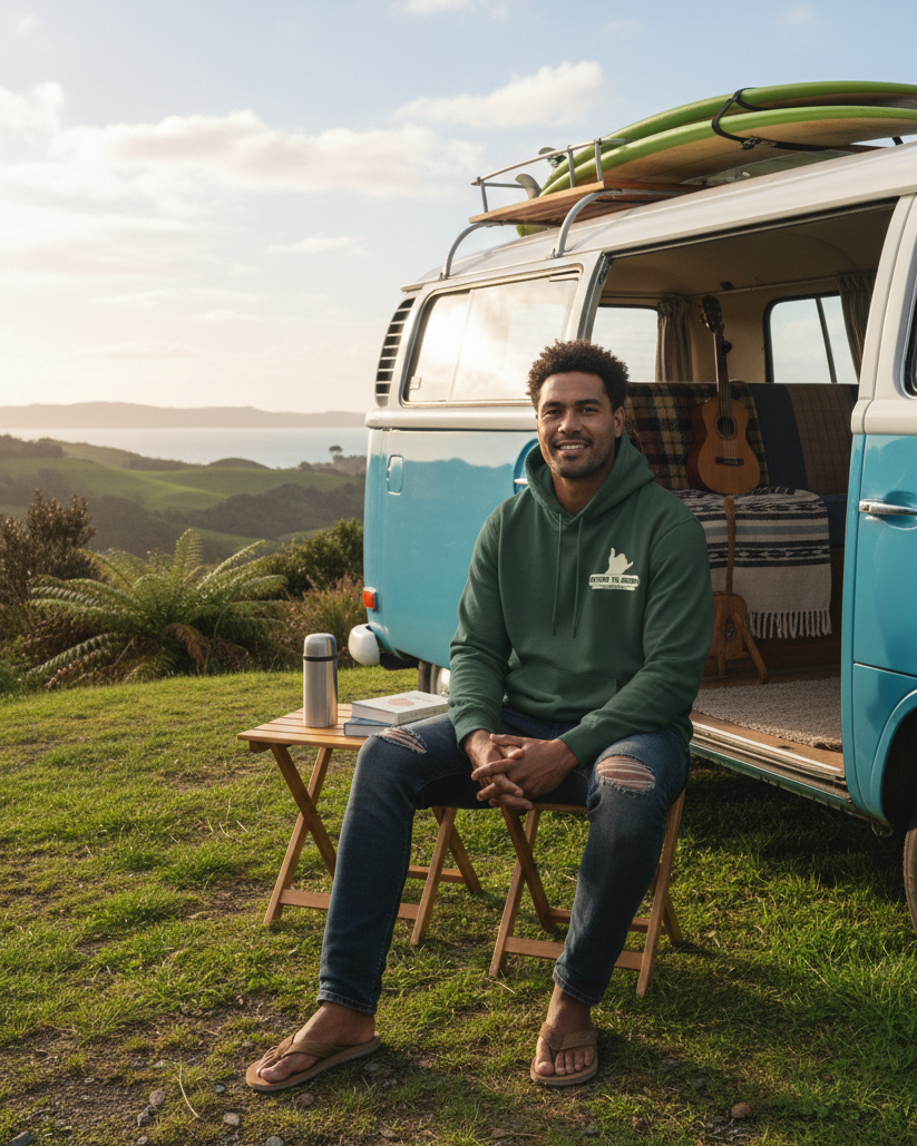 Man sitting in front of a vintage van with a scenic background