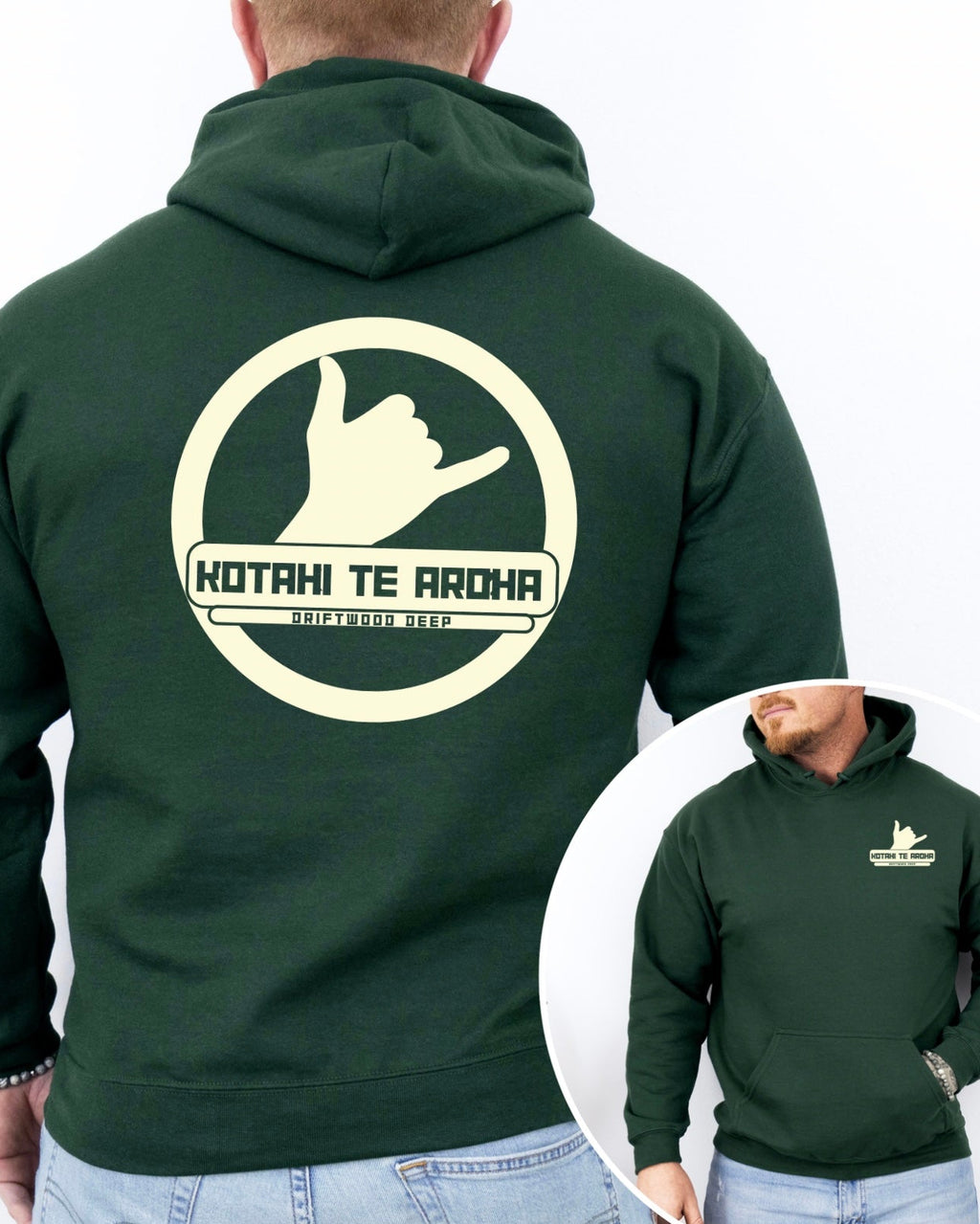 Green hoodie with a logo on the back, worn by a person.