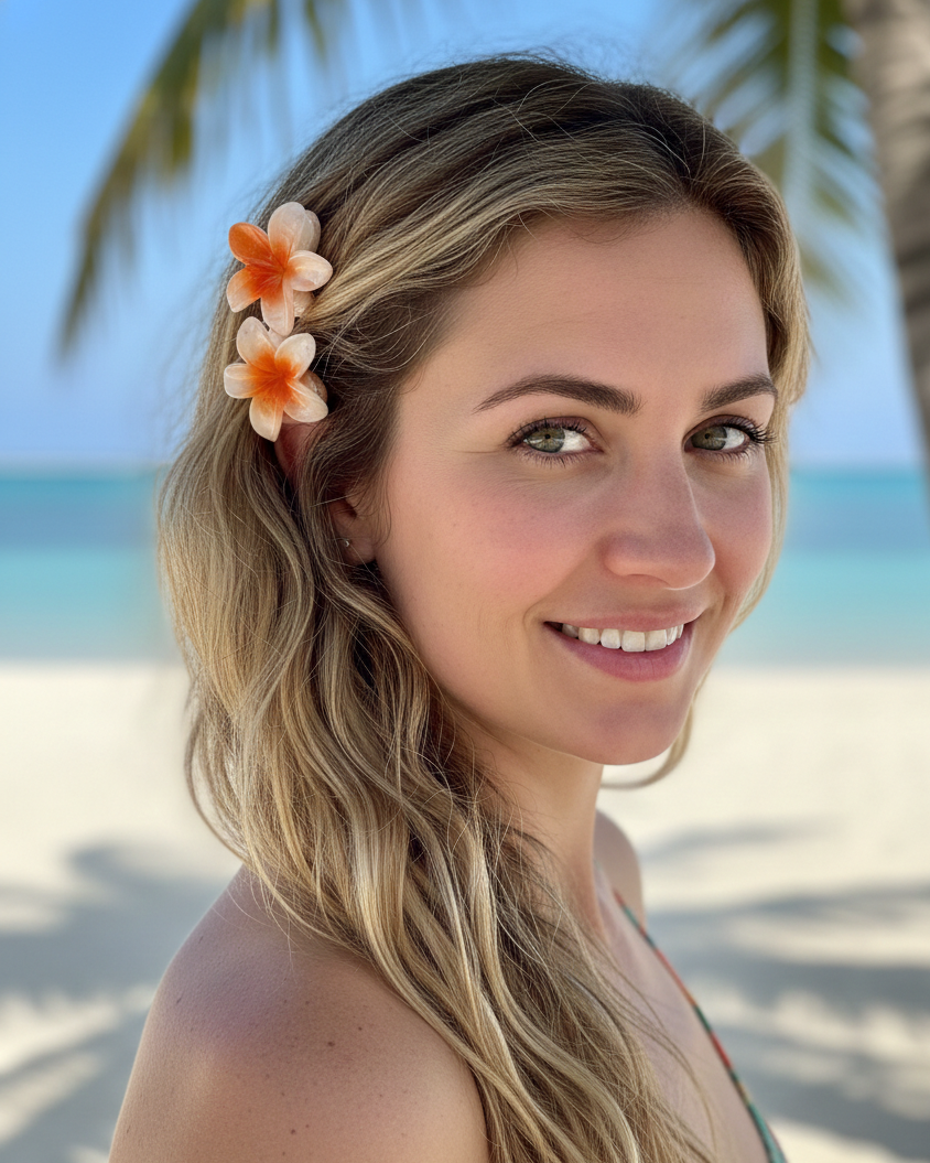 Woman with a flower in her hair on a beach