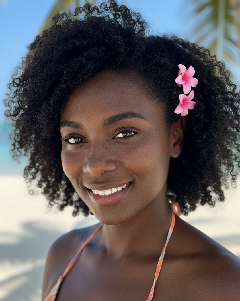 Woman with a flower in her hair on a beach