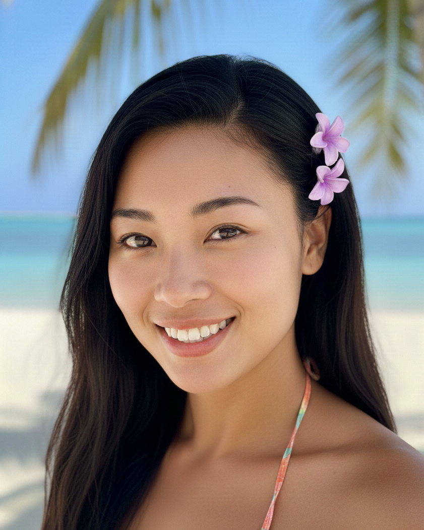 Woman with a flower in her hair on a beach