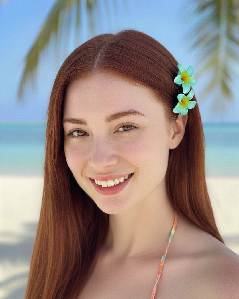 Woman with a flower in her hair on a beach