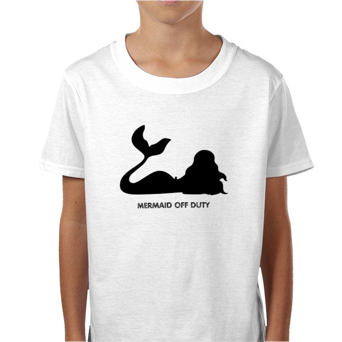 White t-shirt with a black mermaid graphic and text worn by a person on a white background
