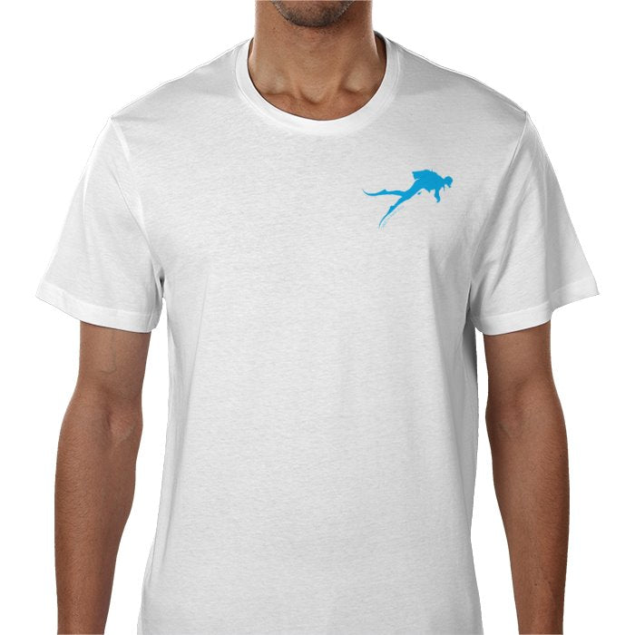 White t-shirt with a blue scuba diver graphic on a white background