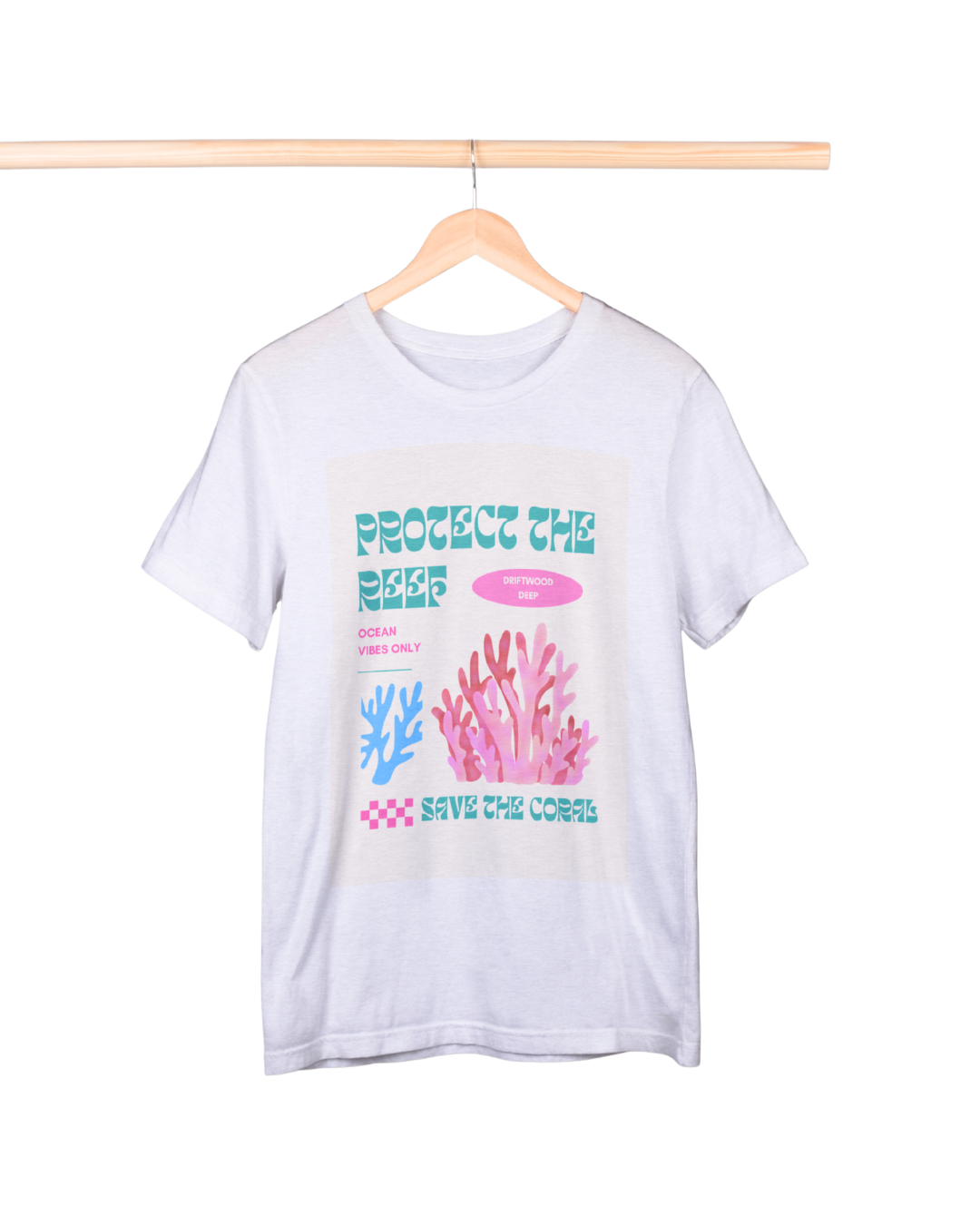 White t-shirt with coral reef conservation graphic on a hanger against a white background