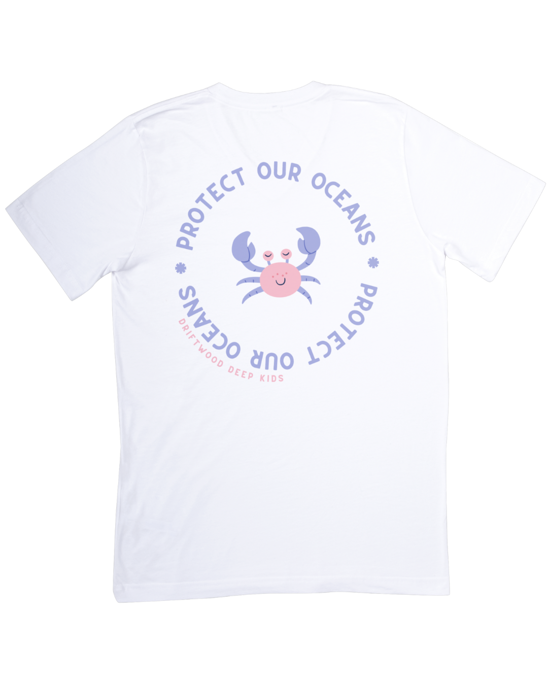 White t-shirt with a pink crab graphic and 'Protect Our Oceans' text on a white background