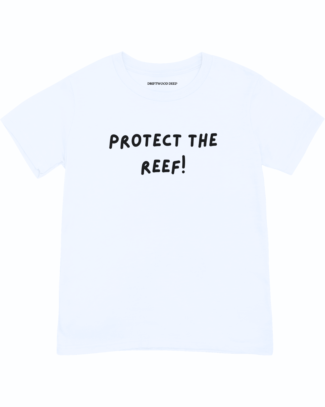 White t-shirt with 'PROTECT THE REEF!' text on a white background