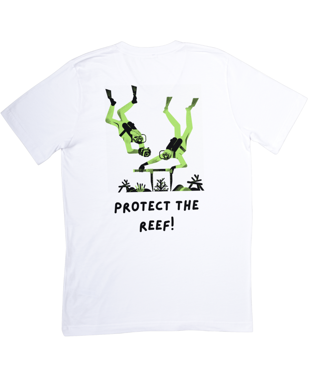 White t-shirt with green scuba divers and 'Protect the Reef!' text on a white background