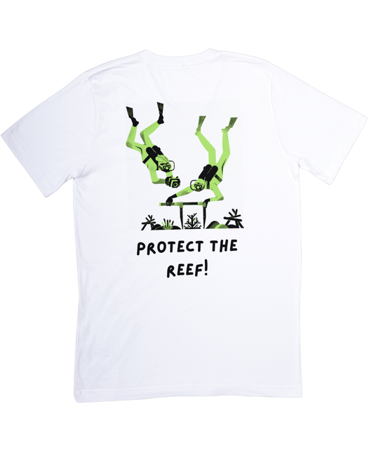White t-shirt with green scuba divers and 'Protect the Reef!' text on a white background