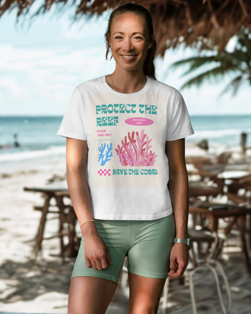 Woman wearing a 'Protect the Reef' t-shirt on a beach