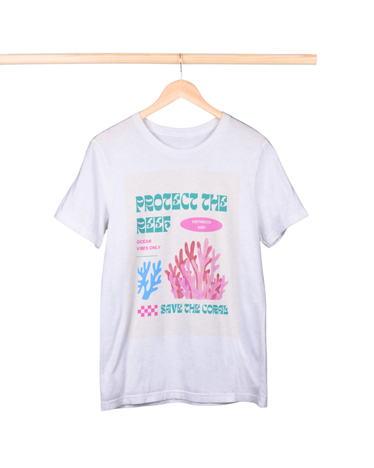 White t-shirt with coral reef conservation graphic on a hanger against a white background