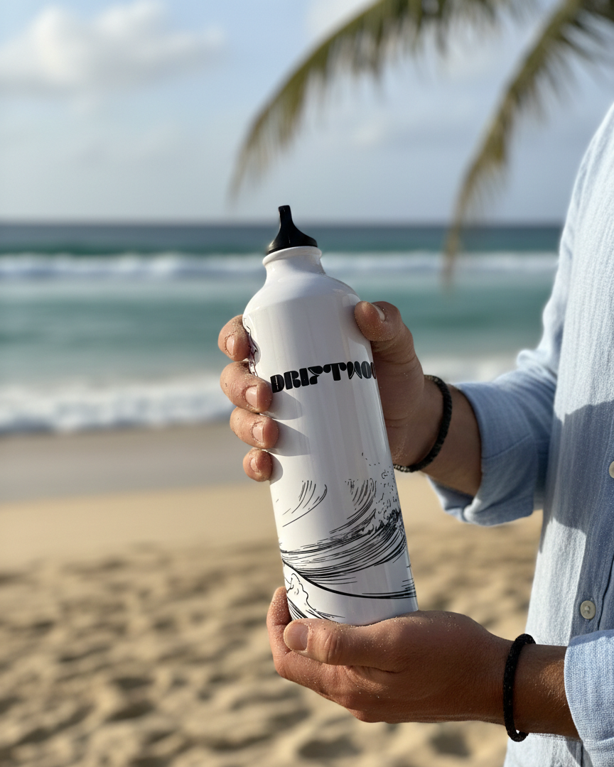 Person holding a white bottle with black text on a beach