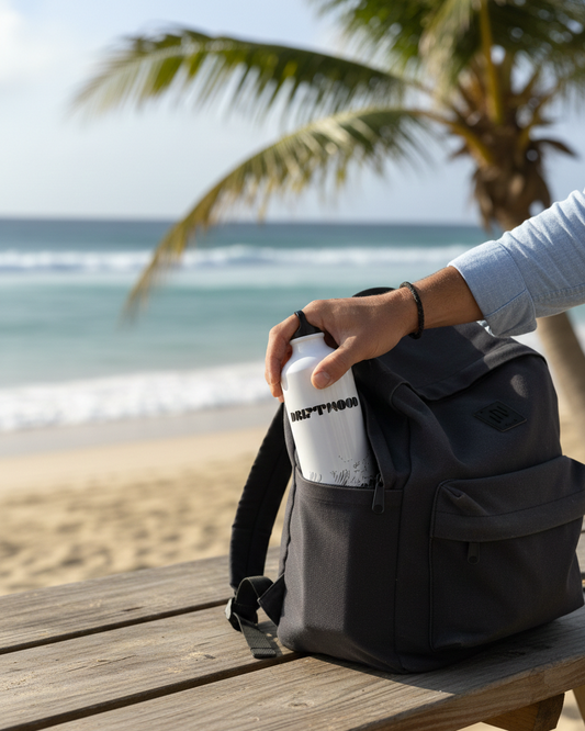 Person holding a black backpack with a beach and palm tree in the background