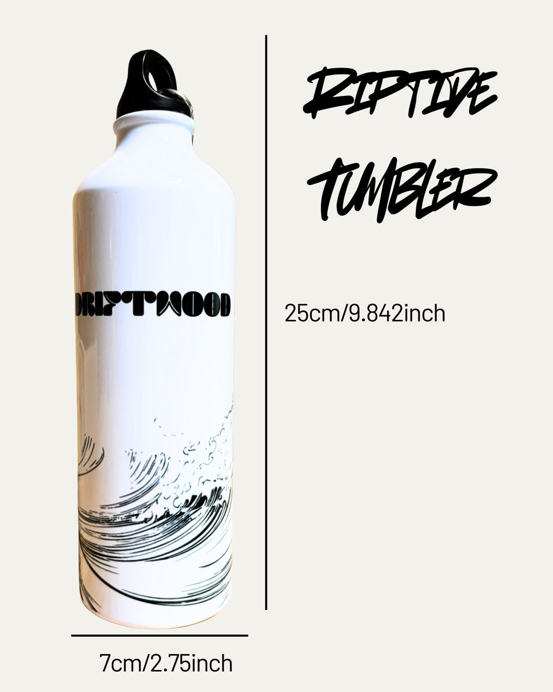White tumbler with black text and design on a white background