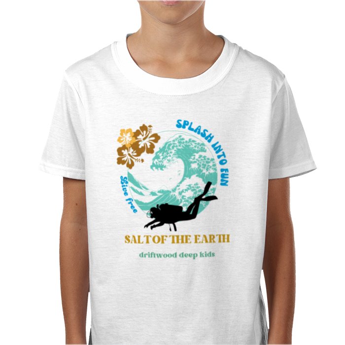 A child wearing a white crew neck t-shirt with a graphic print of a scuba diver and text 'Salt of the Earth - Driftwood Deep Kids'.