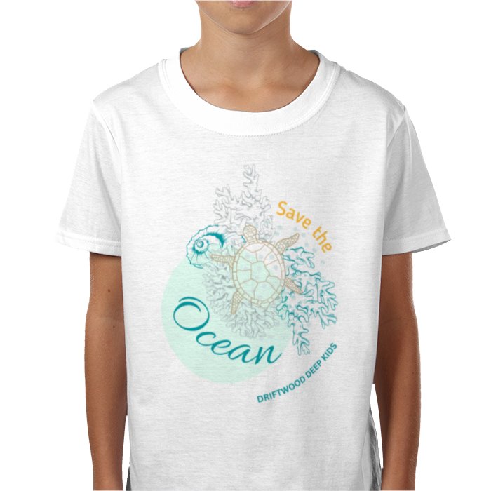 A child wearing a white crew neck t-shirt with a graphic print of a turtle and the phrase 'Save the Ocean'.