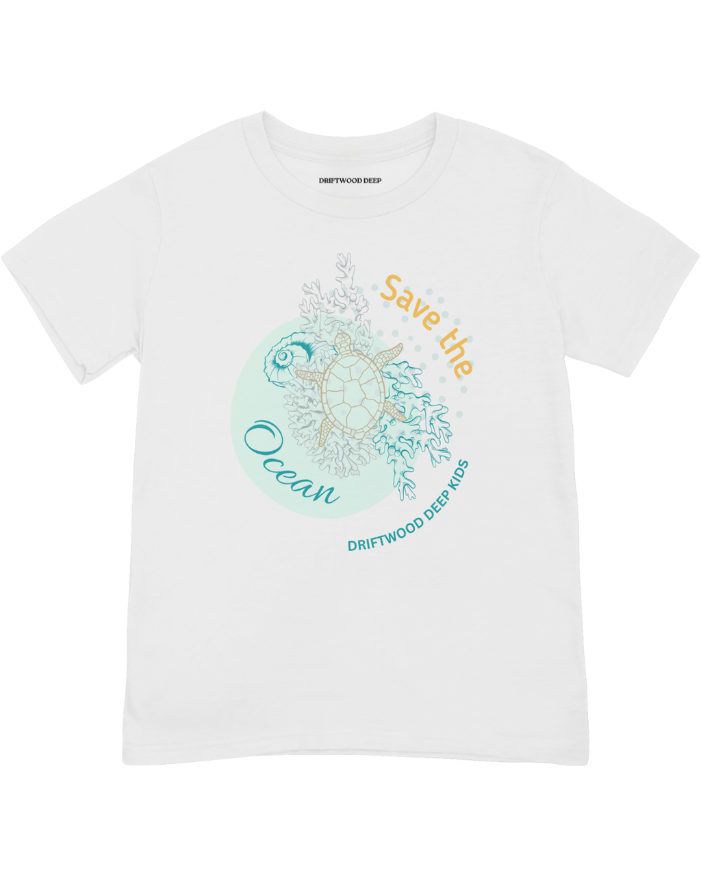 White t-shirt with 'Save the Ocean' graphic and brand name on a white background