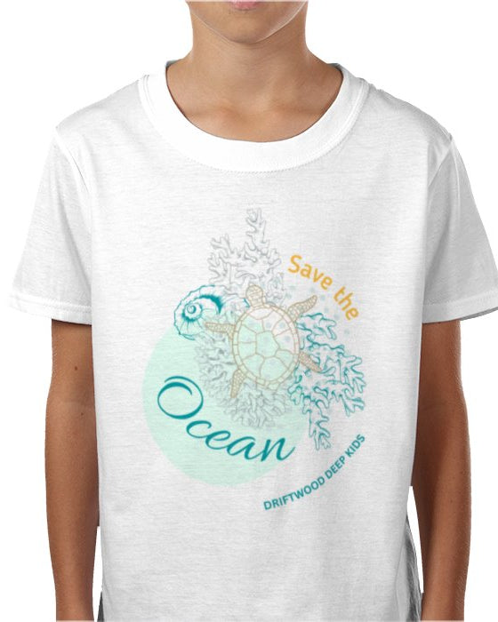 A child wearing a white crew neck t-shirt with a graphic print of a turtle and the phrase 'Save the Ocean'.