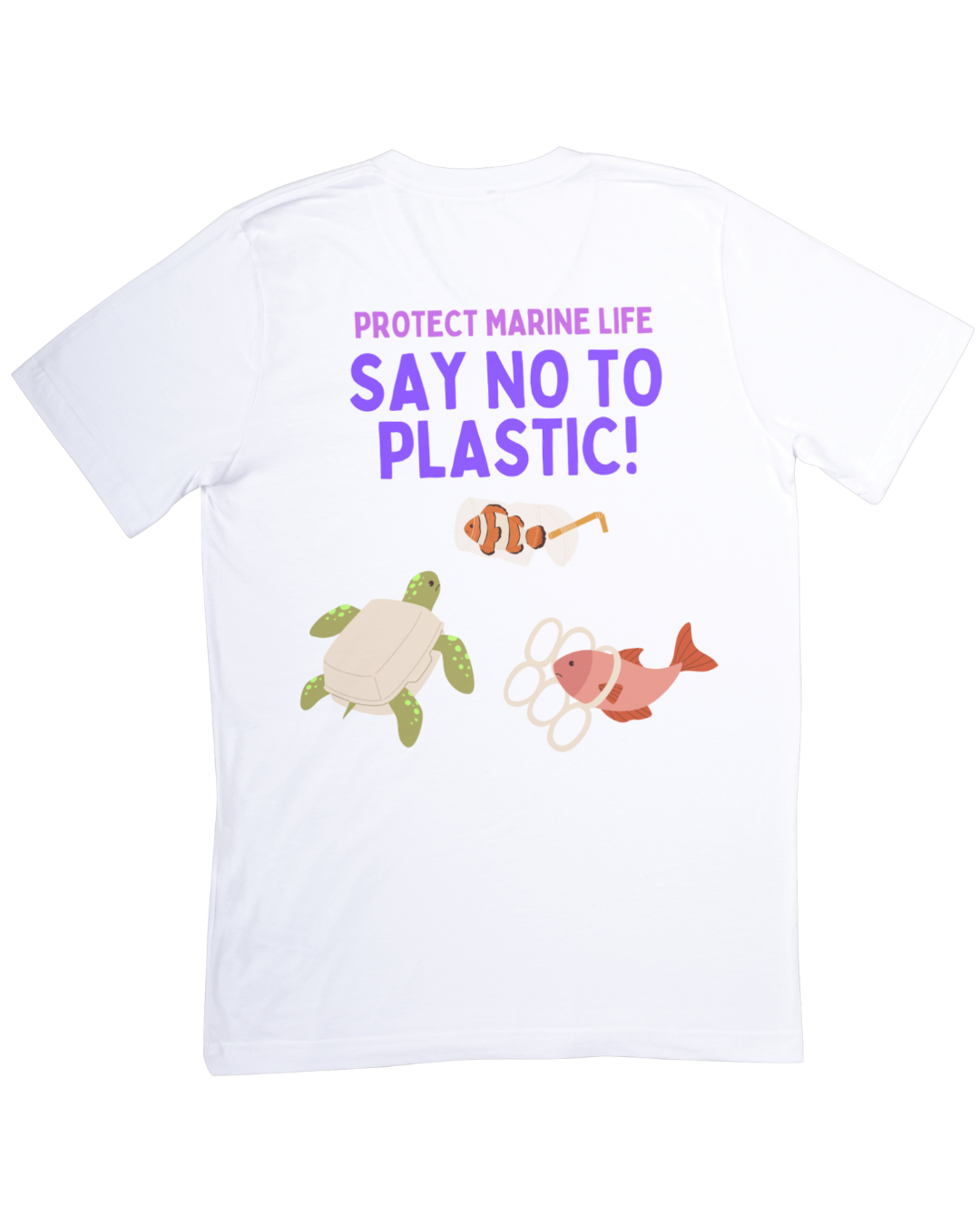 White t-shirt with marine life illustrations and text on a white background