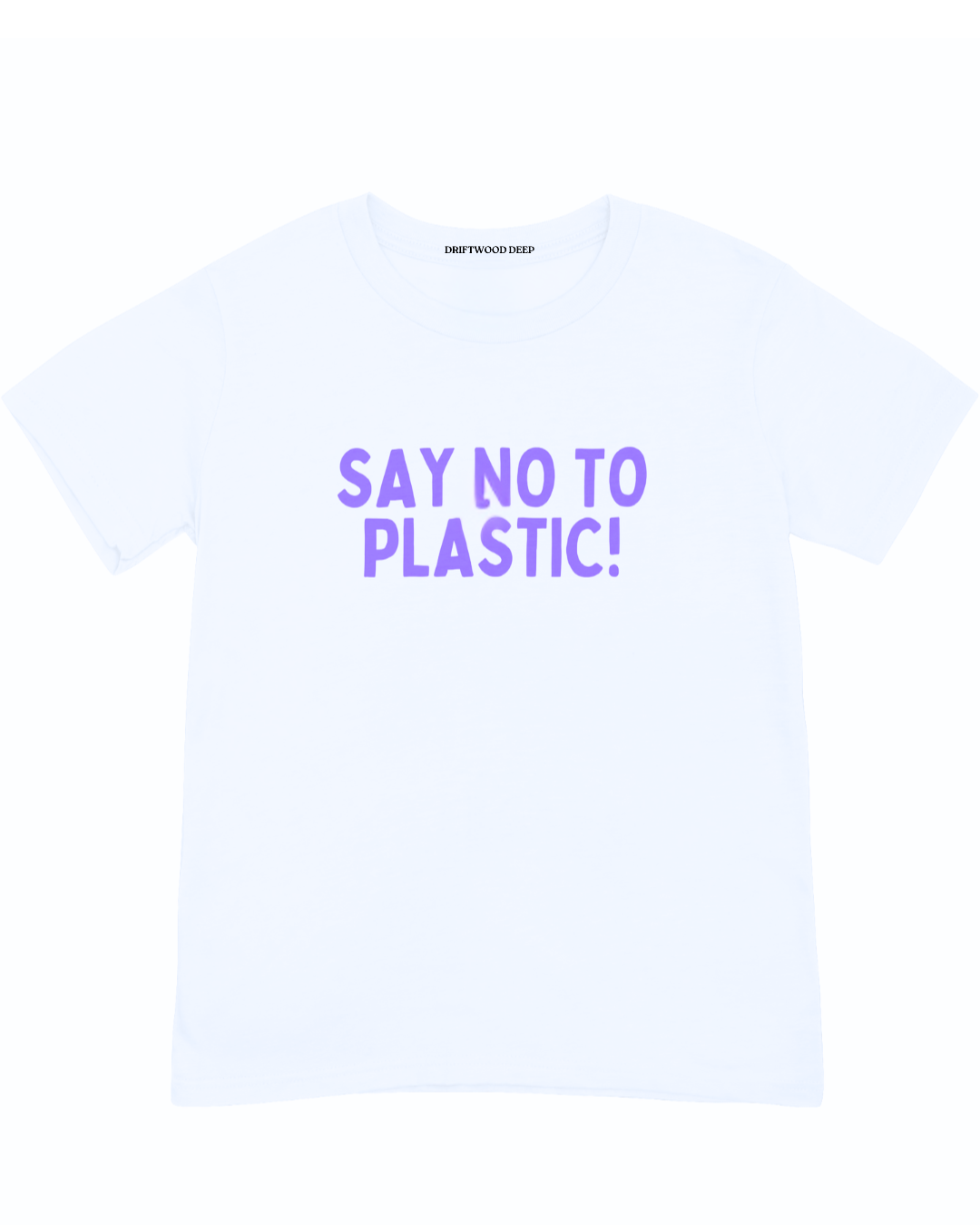 White t-shirt with 'Say No to Plastic!' text in purple on a white background