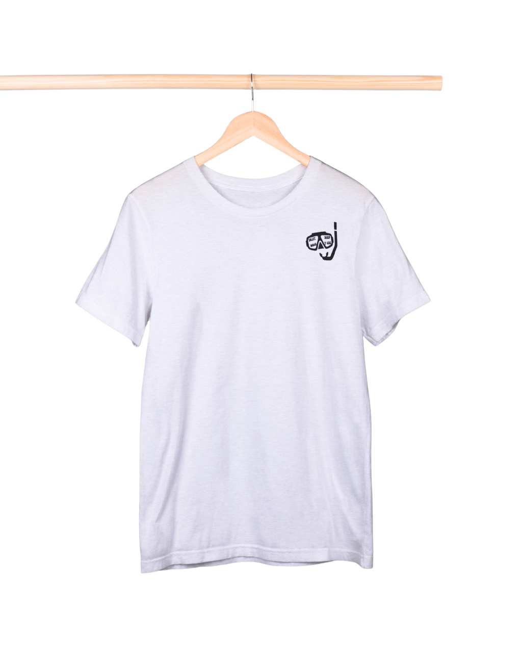 White t-shirt with a small black graphic on a hanger against a white background