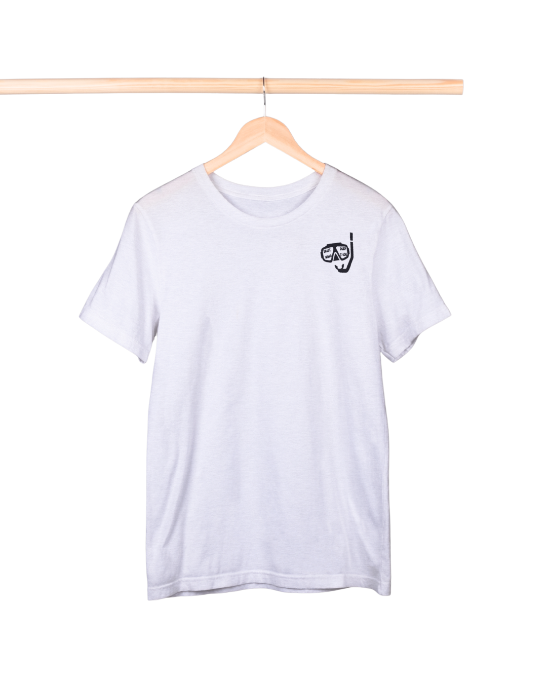 White t-shirt with a small black graphic on a hanger against a white background